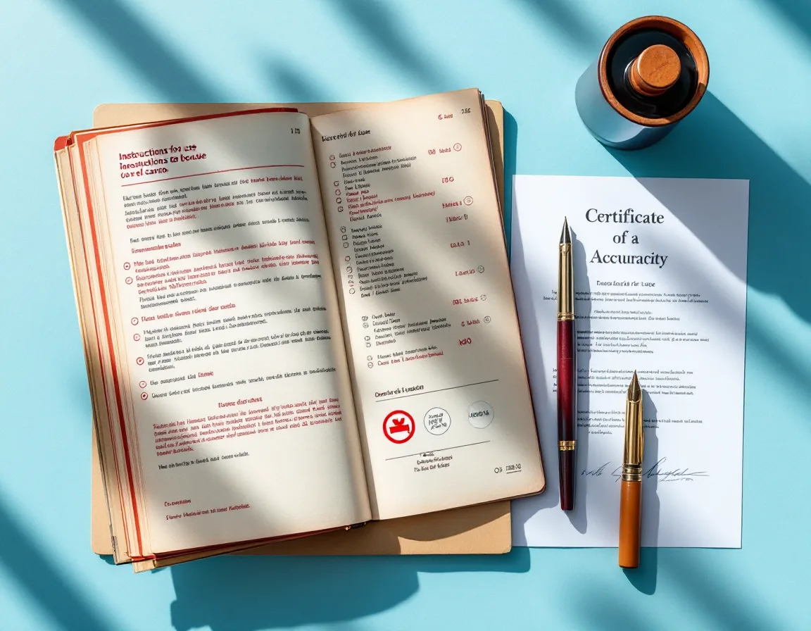 An instructions-for-use booklet in Spanish and Vietnamese marked up in oxblood ink beside a sheet of device labels and a signed certificate of accuracy.