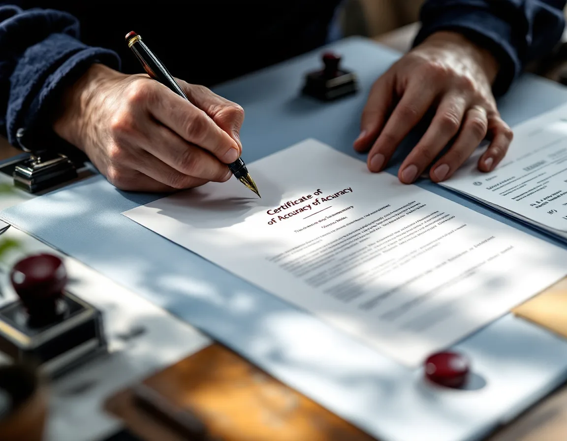 A hand signing a certificate of accuracy in oxblood ink beside a folder of device labels and a folded leaflet.